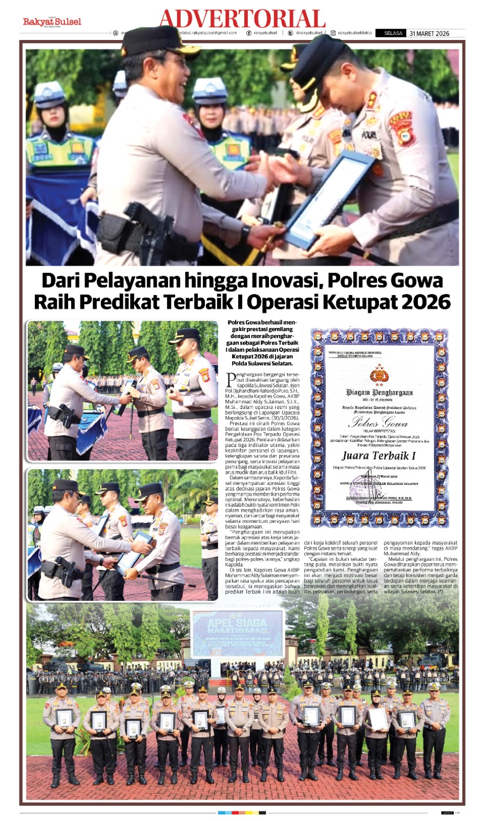 Dari Pelayanan hingga Inovasi, Polres Gowa Raih Predikat Terbaik I Operasi Ketupat 2026