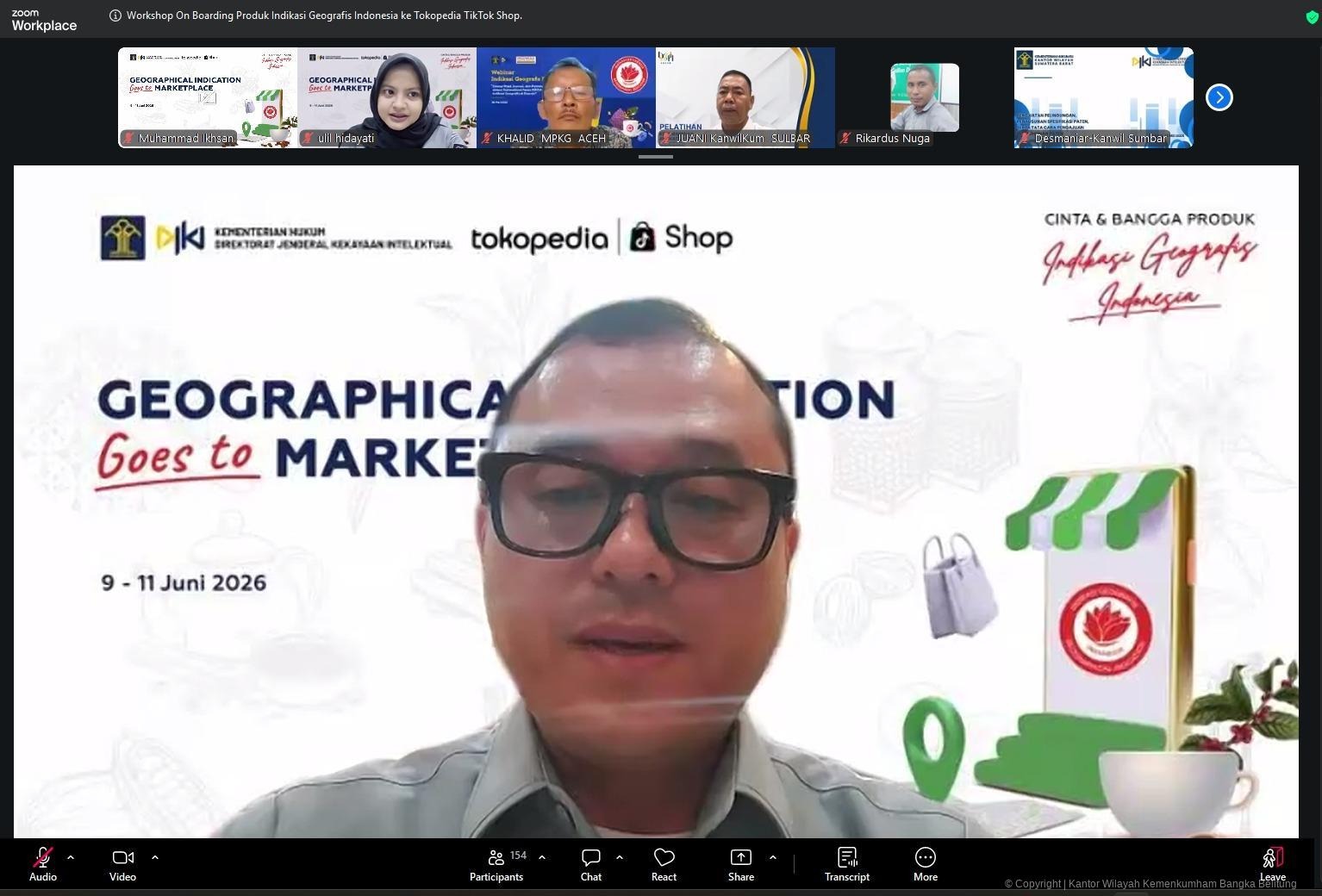 Dukung Pemasaran Digital Produk IG Indonesia, Kanwil Kemenkum Babel Ikuti Workshop Onboarding ke Tokopedia dan TikTok Shop