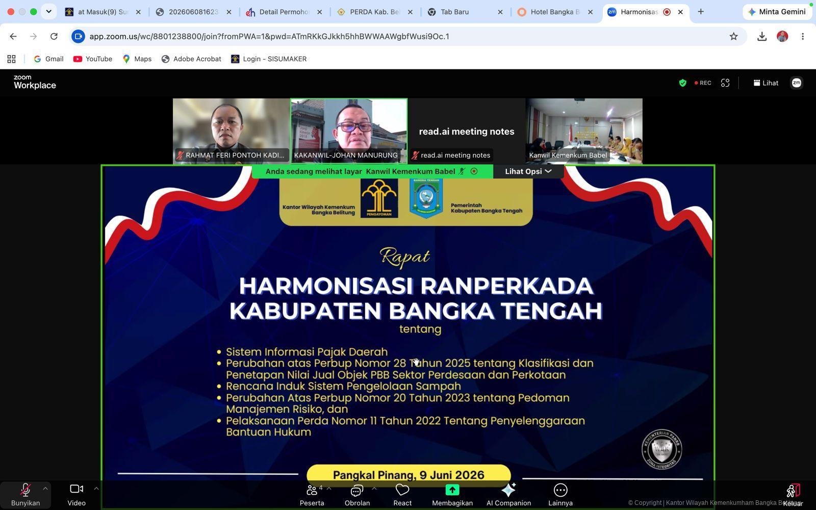 Kanwil Kemenkum Babel Harmonisasikan 1 Ranperda dan 4 Ranperkada Kabupaten Bangka Tengah Kanwil Kemenkum Babel Harmonisasikan 1 Ranperda dan 4 Ranperkada Kabupaten Bangka Tengah