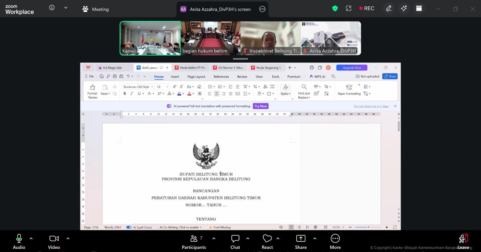 Kanwil Kemenkum Babel Harmonisasikan 1 (Satu) Ranperda Dan 6 (Enam) Ranperbup Belitung Timur Kanwil Kemenkum Babel Harmonisasikan 1 (Satu) Ranperda Dan 6 (Enam) Ranperbup Belitung Timur