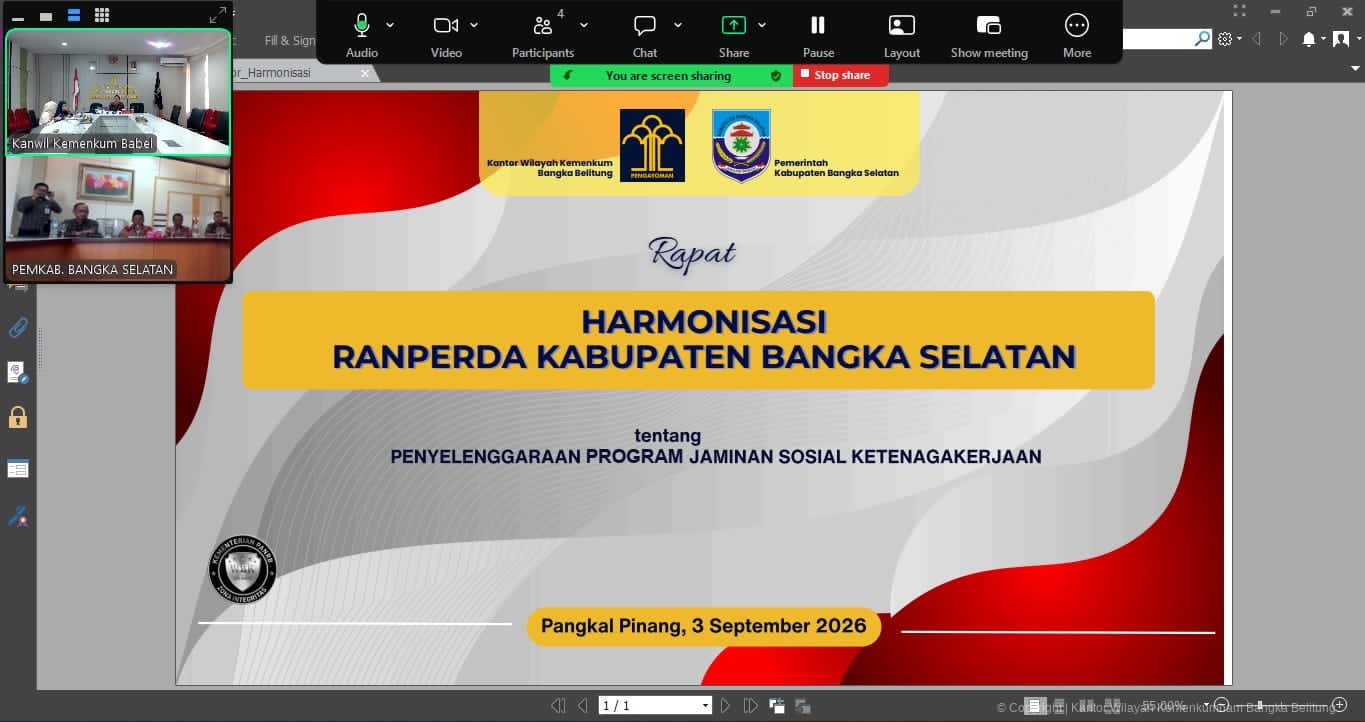 Kanwil Kemenkum Babel Fasilitasi Harmonisasi Ranperda Bangka Selatan untuk Perkuat Regulasi Jaminan Sosial Ketenagakerjaan Kanwil Kemenkum Babel Fasilitasi Harmonisasi Ranperda Bangka Selatan untuk Perkuat Regulasi Jaminan Sosial Ketenagakerjaan